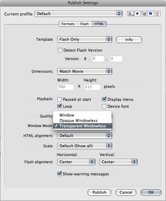 Transparent SWF settings