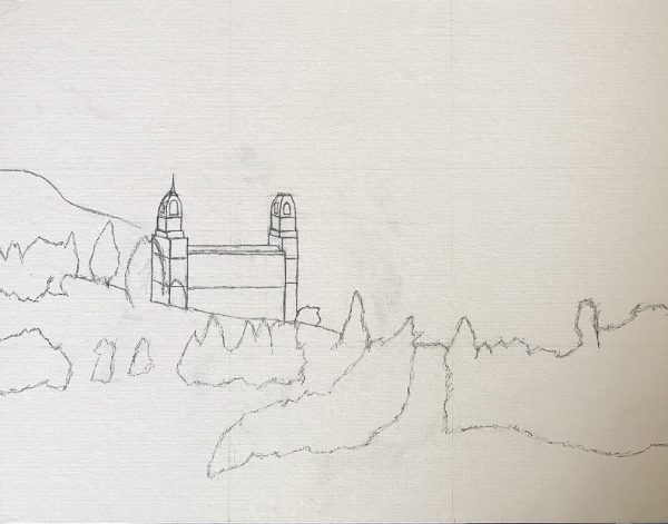 Manti Temple sketched on canvas board